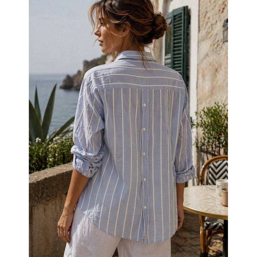 Robert Friedman Femme Shirt L Blue White Stripe Textured ITALY Cotton Button